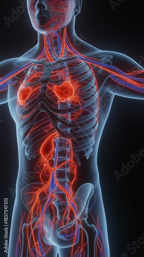 Detailed 3D animation of human circulatory system and glowing internal organs
