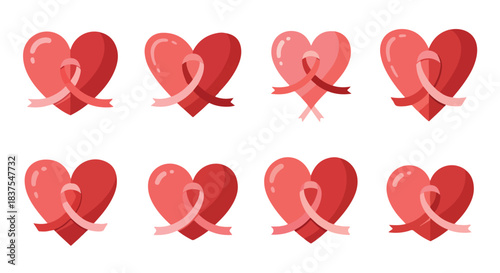 Red hearts with pink ribbons for breast cancer awareness