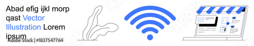 E-commerce, wireless technology, digital marketing, connectivity solutions, online retail, retail apps. Wireless signal icon with e-commerce storefront graphic. E-commerce and wireless technology