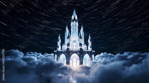 Majestic ice castle emerges from clouds under a starry night sky