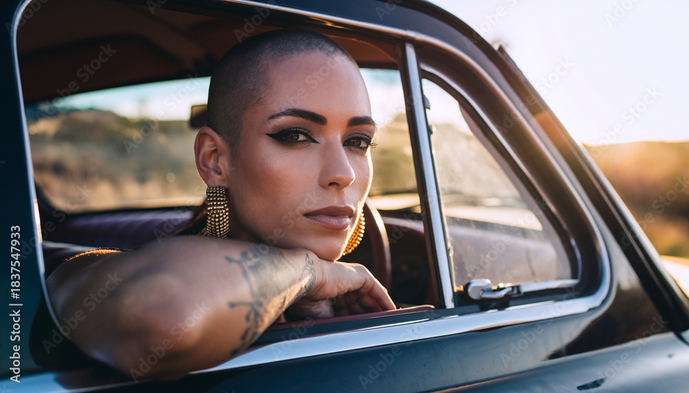 Fototapeta premium Confident woman with shaved head leaning from vintage car window under golden sunset light