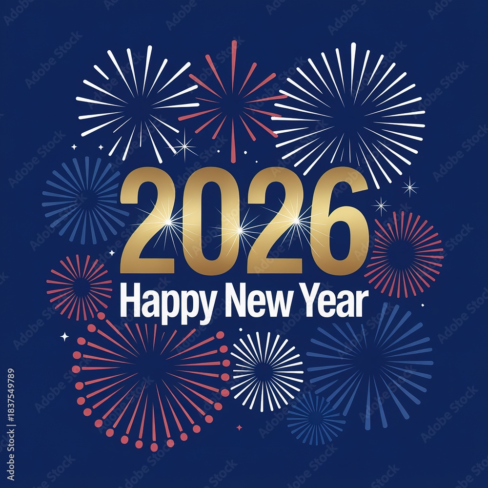 Fototapeta premium Stylish 2026 New Year Celebration Graphic with Fireworks and Festive Typography Ideal for Greeting Cards Invitations and Party Decorations