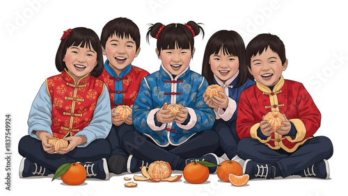 A smiling family group of people including mother, father, children, and their son and daughter, share a fun moment of childhood happiness together