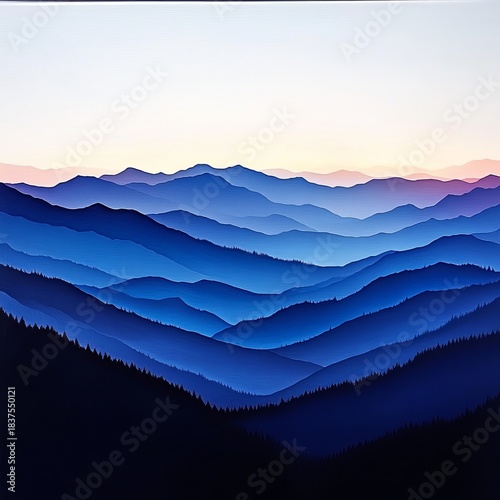 Majestic Misty Mountain Range Layers Stretching Into the Distant Horizon at Twilight, Peaceful Scene