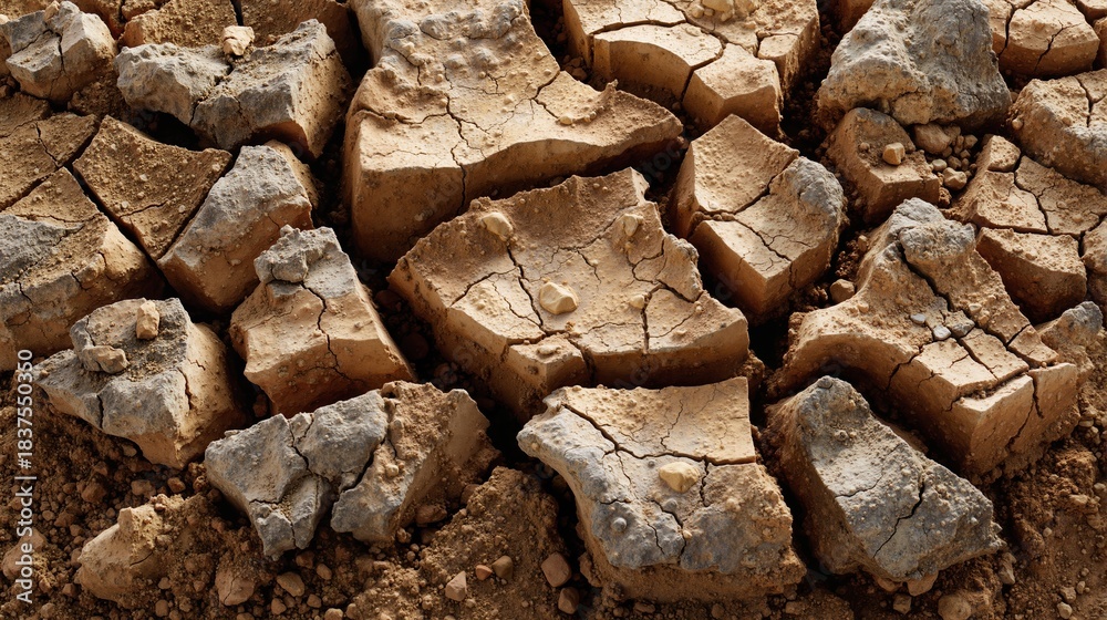 Fototapeta premium Cracked dry earth showing signs of severe drought in arid landscape