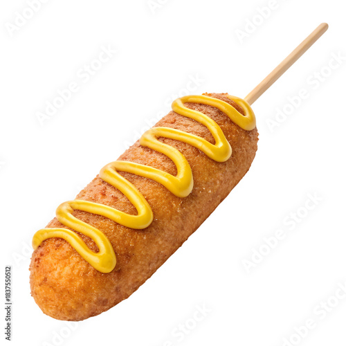 Isolated corn dog with mustard drizzle on a stick, food photography, snack  transparent background
