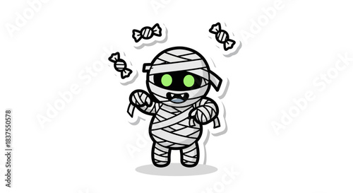 Cute cartoon mummy character with floating candies isolated on white background vector illustration