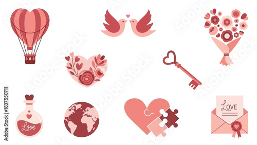 Pink And Red Valentine's Day Symbols With Hot Air Balloon And Love Letter illustration
