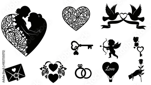 Romantic Silhouettes of Couples, Hearts, Doves, and Wedding Rings Keywords: love, valentine, romance, couple, silhouette