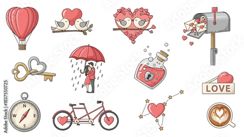 Romantic Valentine's Day Scene With Couple Under Umbrella And Hot Air Balloon Keywords: valentine day, heart, love, romantic