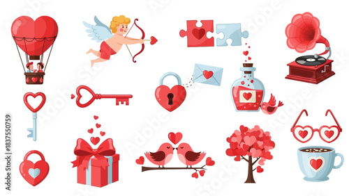 Valentine's Day Icons Collection With Hearts Cupid Hot Air Balloon And Gifts Keywords: valentine, love, heart, cupid, romance