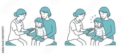 採血に臨む女の子の比較イラスト（落ち着いた vs 泣いて嫌がる）