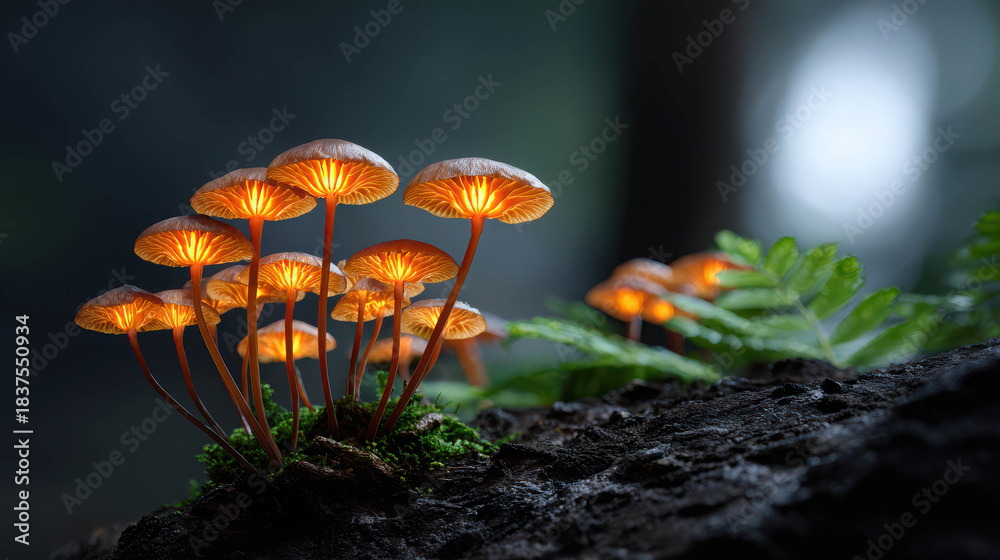 Fototapeta premium Breathtaking Ultra-Realistic Macro Photography of Glowing Mushrooms Illuminated in a Dark Forest Setting