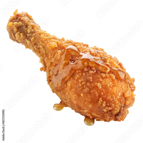 Crispy golden fried chicken drumstick isolated on transparent background