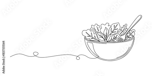 Continuous one line of a bowl of salad with leafy shapes, symbolizing healthy choices, balance, and daily meals, hand drawn vector illustration.
