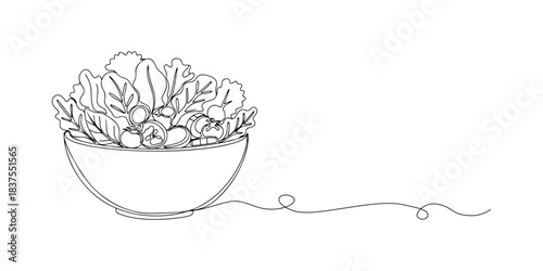 Continuous one line of a bowl of salad with leafy shapes, symbolizing healthy choices, balance, and daily meals, hand drawn vector illustration.