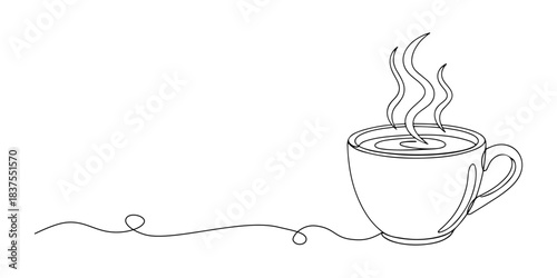 Continuous one line of a steaming cup of hot chocolate, representing warmth, indulgence, and cozy daily moments, hand drawn vector illustration.