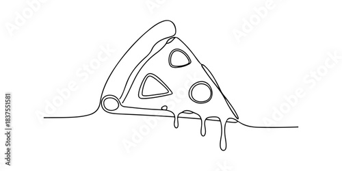 Continuous one line of a slice of pizza with simple triangular strokes, representing daily cravings, comfort, and global food culture, hand drawn vector illustration.