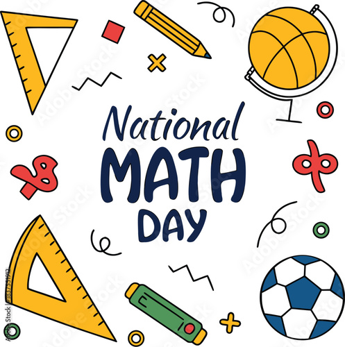 National Math Day Illustration with Colorful Mathematical Symbols and Tools.