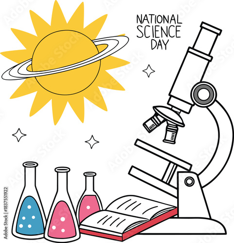 National Science Day Illustration with Microscope, Laboratory Flasks, and Books.