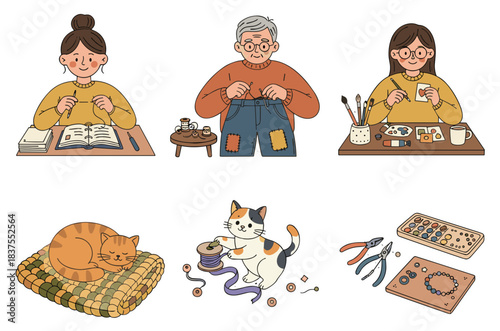 Cozy Crafting Moments Sticker Set – 6 Isolated PNG Icons Bookbinder, Mender, Painter, Cat, Kitten & Jewelry Maker – Bold White Outline, Crisp Vector
