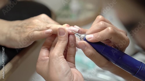 Step-by-step Manicure Process for Classic French Nails in Pastel Tones. Nail treatment with milling cutter
