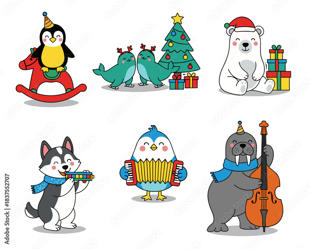 Naklejka premium Arctic Holiday Icons Sticker Set – 6 Isolated PNG Icons Penguin, Skating Seals, Polar Bear, Husky, Bird & Walrus Icons