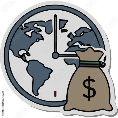 Global Financial Time Clock With Money Bag Illustrating Worldwide Business Investment Opportunities And Economic Growth