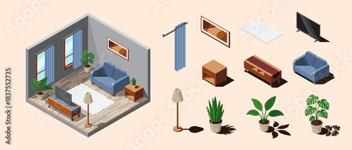 Isometric living room. Living room interior. TV with sofa, table, and other living room equipment. Isometric home furniture. Isometric home room
