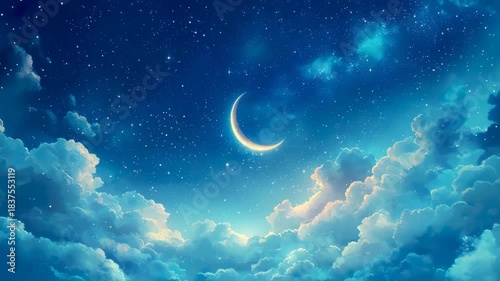 メルヘンチックな夜空に浮かぶ三日月と雲のイラスト背景