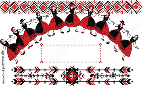 Folk dance, traditional costume, Eastern European culture, group celebration, red black white, decorative border, heritage, vector art, festive, symmetry