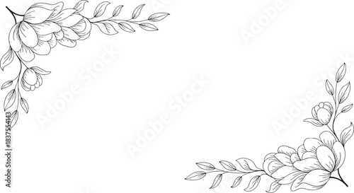 Black-and-white floral corner border with blooming flowers, leaves, and elegant line art
