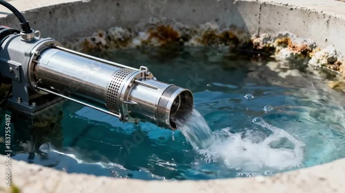 Medium shot of a steel submersible well pump operating robustly in a clear water well showcasing durable metal construction and reliable deep water extraction.