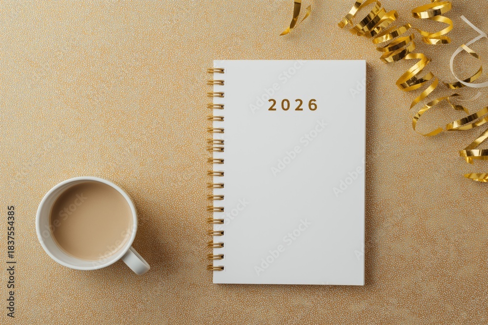 Obraz premium 2026 planner with coffee and golden party decorations on a gold background, symbolizing new year resolutions and planning