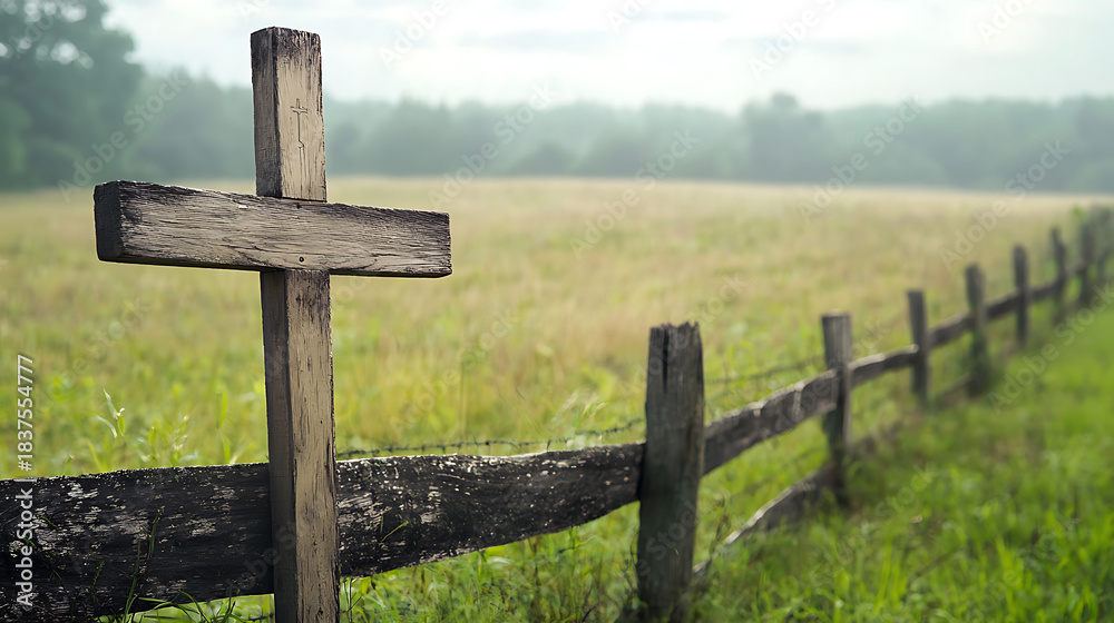 Fototapeta premium A wooden cross is standing in a field