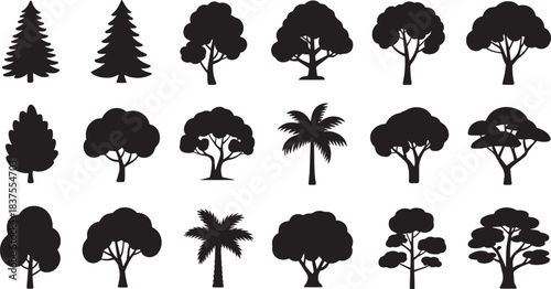 Black tree silhouette icons featuring coniferous, broadleaf, and palm varieties for nature-themed design