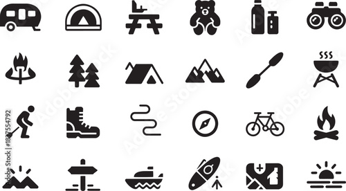Black icons of outdoor adventure including camping gear, nature activities, hiking, boating, and travel