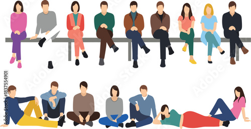 Group sitting illustration, diverse casual poses, flat vector style, colorful character design, relaxed posture, public space, social interaction scene