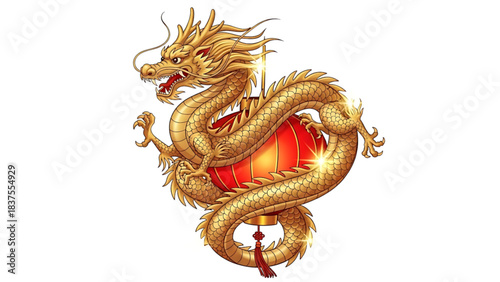 Golden Chinese dragon statue isolated as an oriental symbol of power and traditional culture from Asia