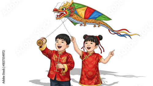 Children Wearing Chinese New Year Traditional Outfits Flying a Dragon Kite