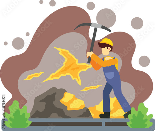Miner extracting gold with pickaxe underground illustration