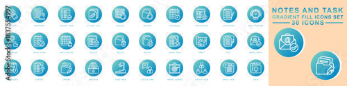 Notes and task gradient fill icons set. contain schedule, reminder, delete, project plan, idea, notification, memo and more. Vector for modern concept, print, UI, UX kit, web and app development.