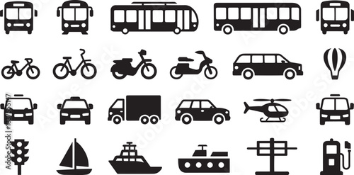 Black transport icons including bus, car, bike, ship, helicopter, scooter, traffic light, and gas pump