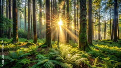 Sunbeams Illuminate a Verdant Forest Floor with Lush Ferns and Moss-Covered Trees