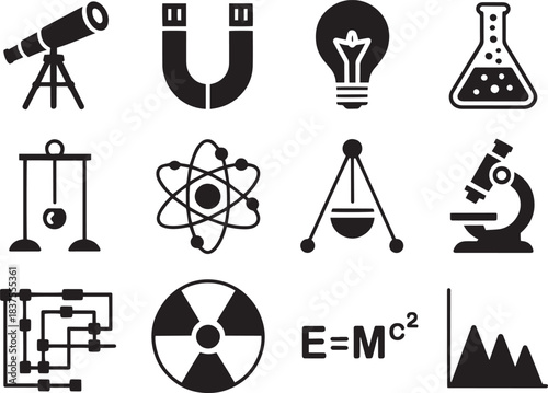 Black science icons including telescope, atom, flask, magnet, microscope, graph, circuit, and equation