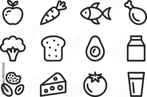 Black food icons including apple, carrot, fish, bread, cheese, juice, milk, tomato, and avocado