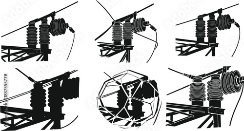 High voltage electrical insulator close-up silhouettes with industrial power line components, abstract variation set, detailed energy infrastructure illustration for design