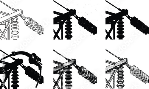 High voltage electrical insulator close up illustration, detailed power line component drawing, industrial energy equipment design, utility transmission graphic art