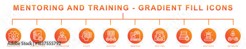 Mentoring and training gradient fill icons set. contain innovation, instruction, knowladge, study, manage, webinar and more. Vector for modern concept, print, UI, UX kit, web and app development.