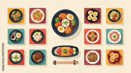 Wide Array of Asian Cuisine Dishes Flat Lay: Modern Vector Collection Including Rice, Noodles, Eggs, Tofu, and Stir-Fry Bowls